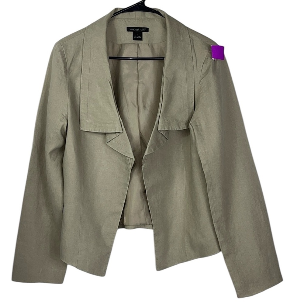 August Silk linen open face lined long sleeve blazer Sz L Taupe